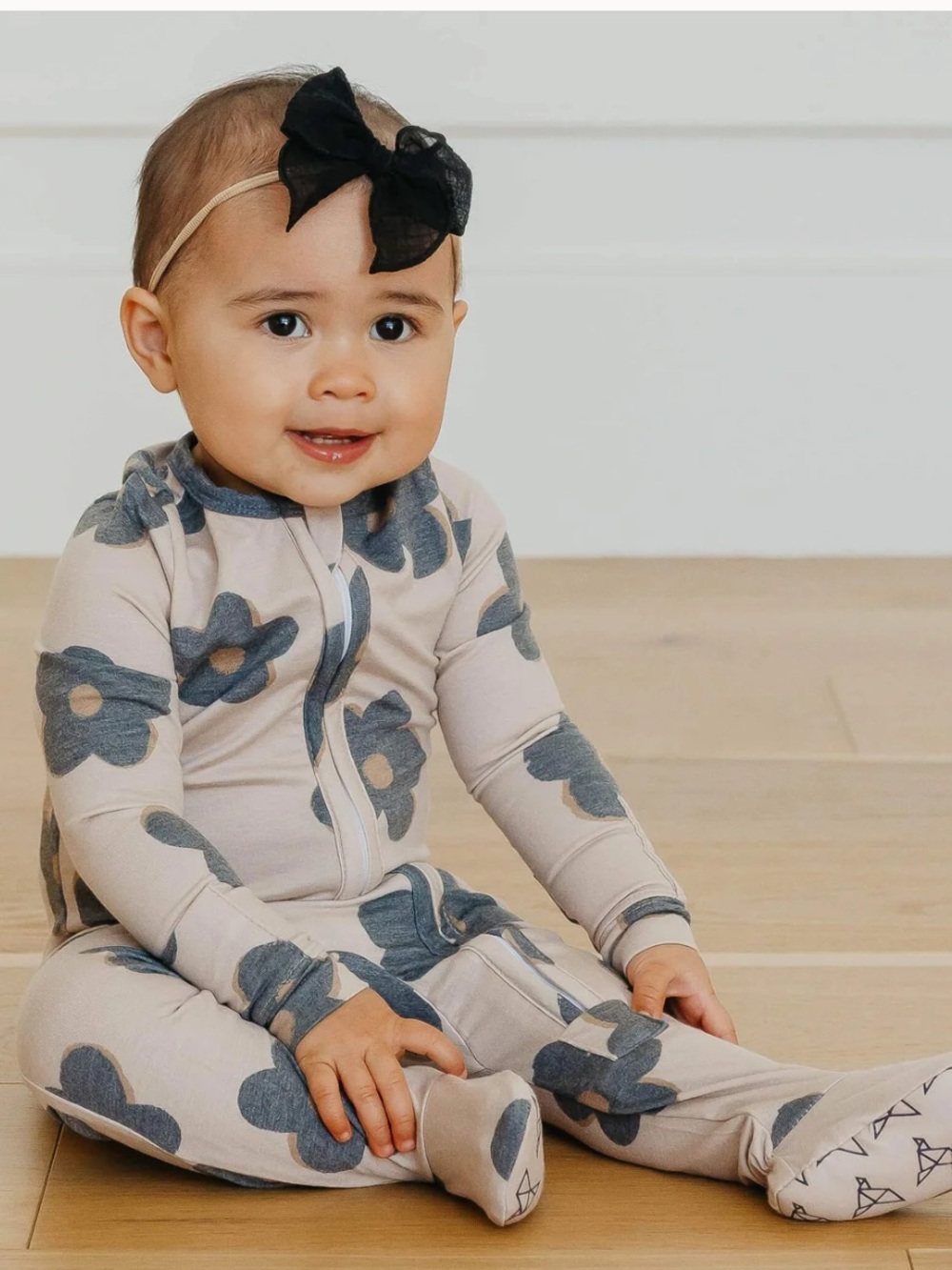 Zip-Up Footie Pajama - Tan/Grey Flowers